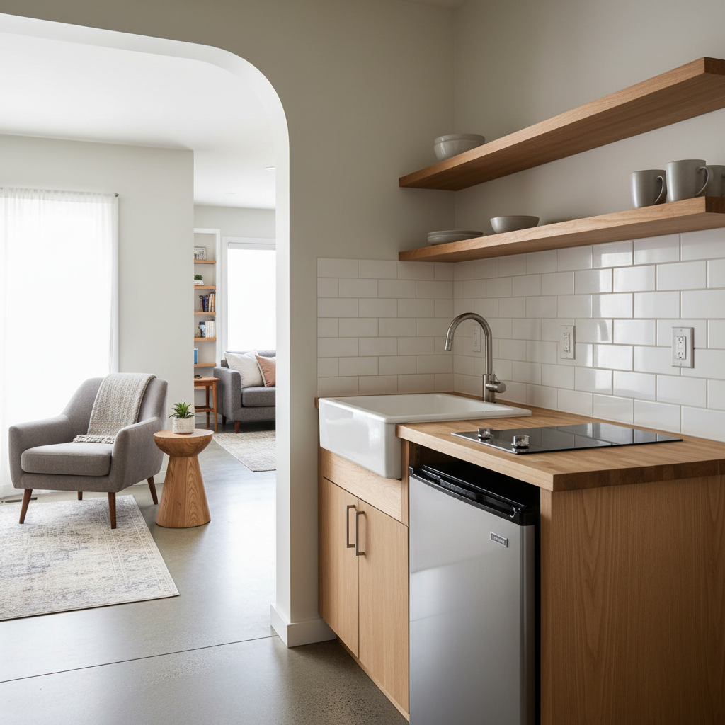 Attached ADU vs. JADU: Converting Your Space in CA — Photorealistic interior of a stylish, compact Junior ADU (JADU) kitchenette within a main house, showing an
