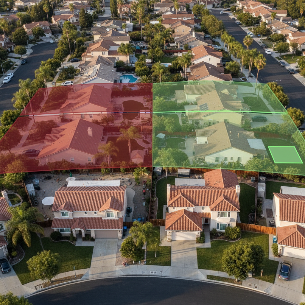 SB 478 & Front Setback Rules: A Game Changer for CA Housing — An aerial view of a typical California suburban neighborhood, with various single-family homes. A