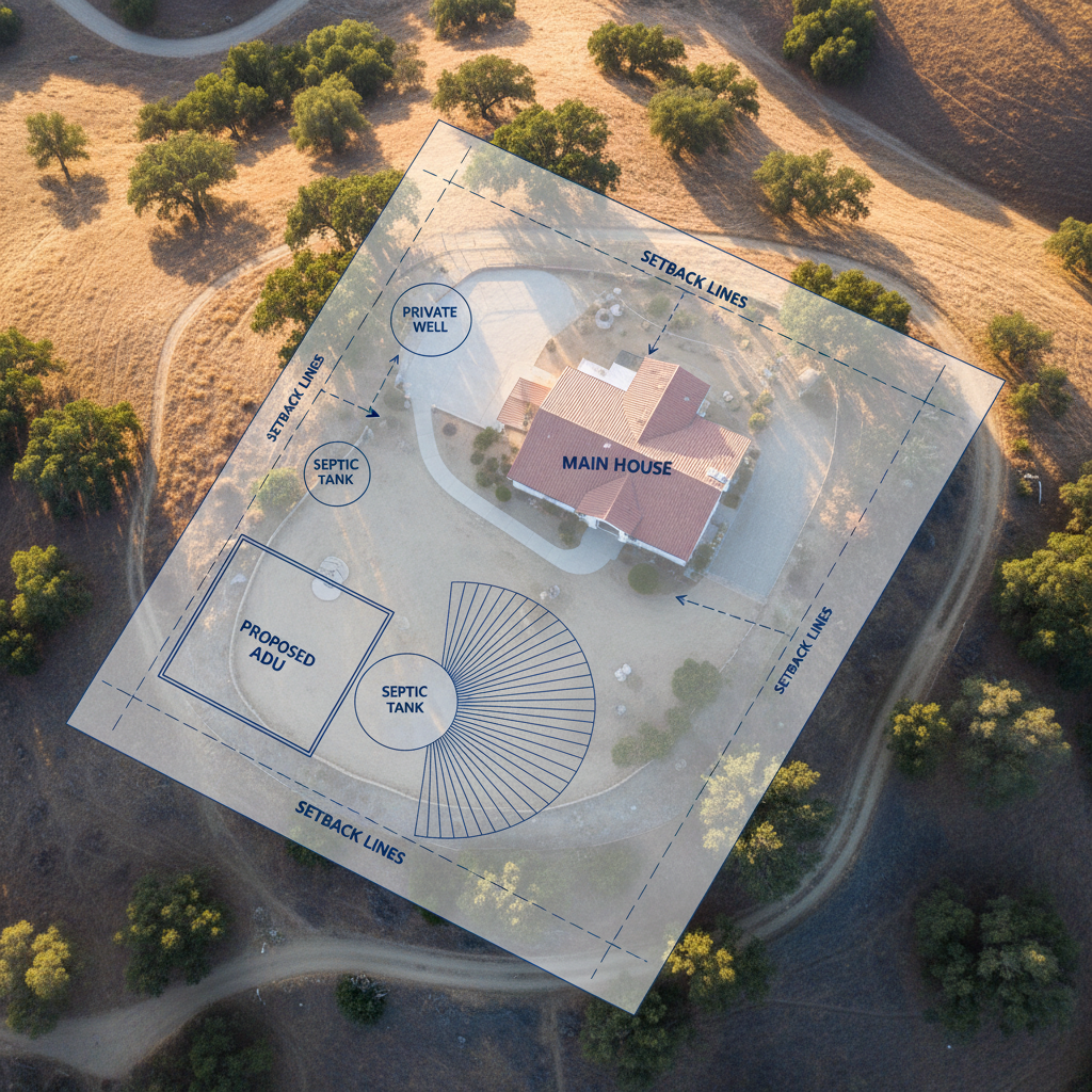 ADU Health Department Review: What It Is & When It's Needed — A detailed, clear aerial site plan overlaying a residential property, clearly marking the location