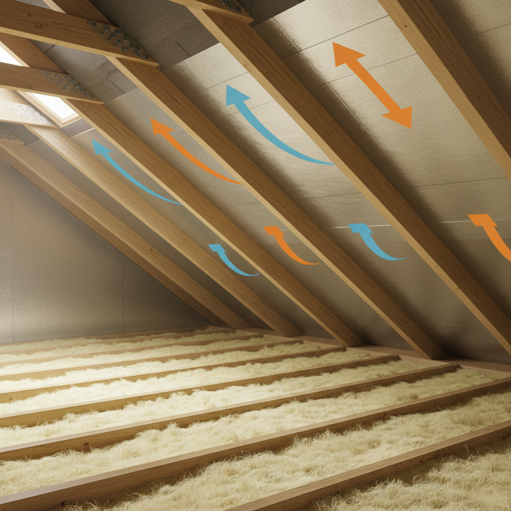 Radiant Barriers: Boosting ADU Efficiency & Title 24 — A cross-section diagram of an attic space, clearly illustrating a radiant barrier installed on the unders