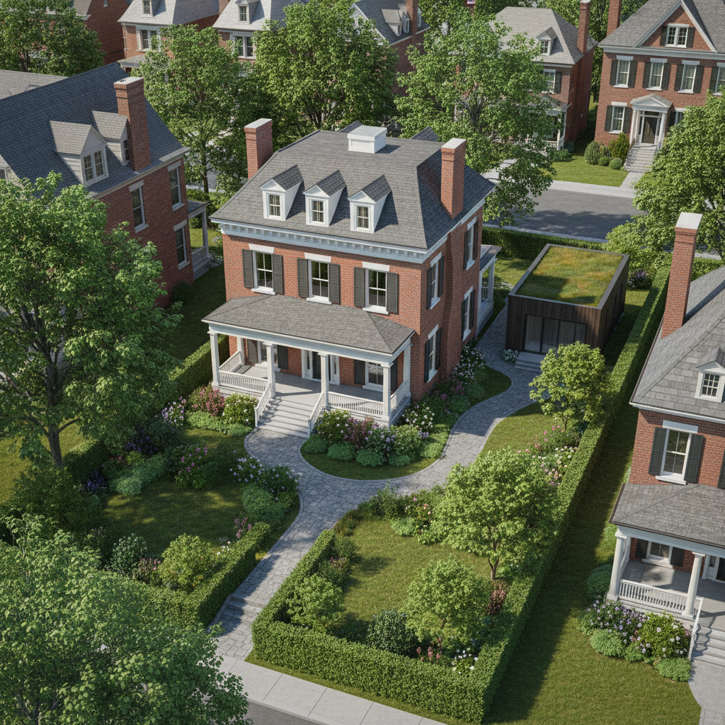 Building an ADU in a Historic District: Design Review — An architectural rendering showing a site plan of a property in a historic district. The main historic h