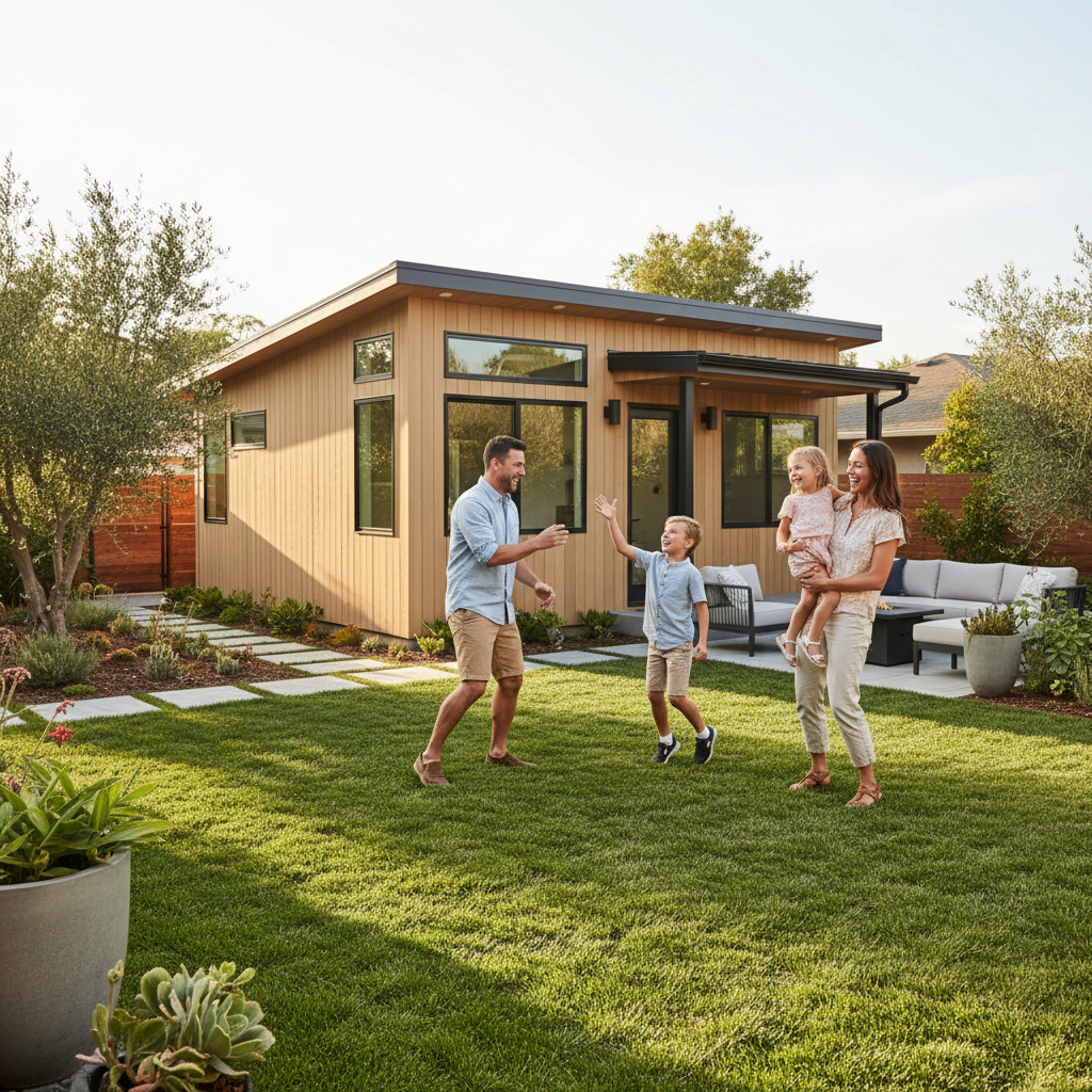 Maximizing Property Potential: California ADU Density Bonuses Explained — A happy family enjoying the outdoor space around a newly built, stylish ADU in a well-