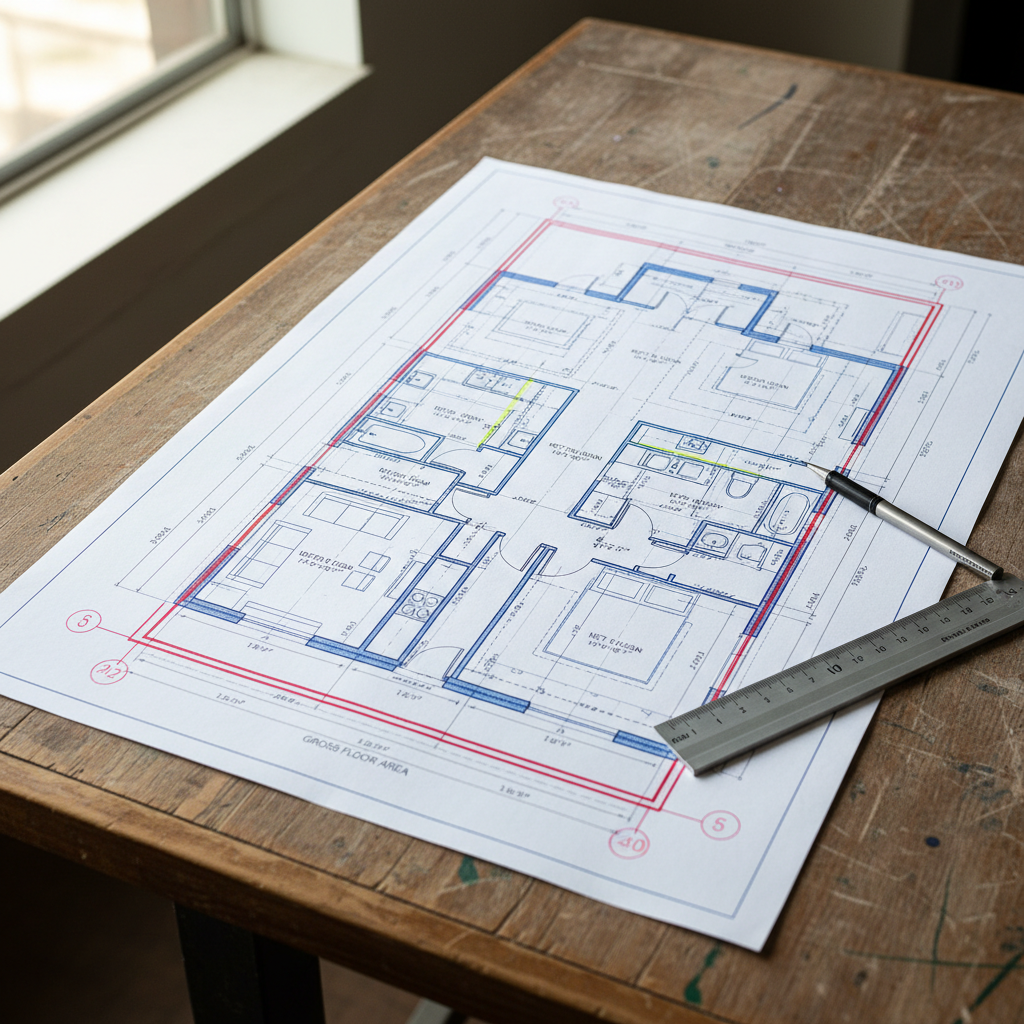 Gross vs. Net Floor Area: Understanding ADU Size Limits — A close-up, high-angle shot of a detailed ADU blueprint spread out on a drafting table. Various colore