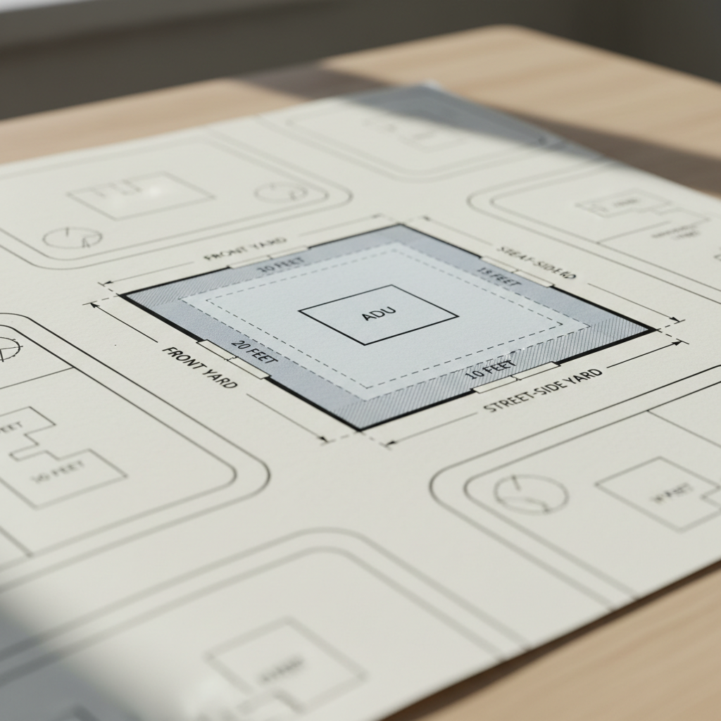 Building an ADU on a Corner Lot in California: A Comprehensive Guide — An architectural site plan drawing highlighting property lines and varying setback requir