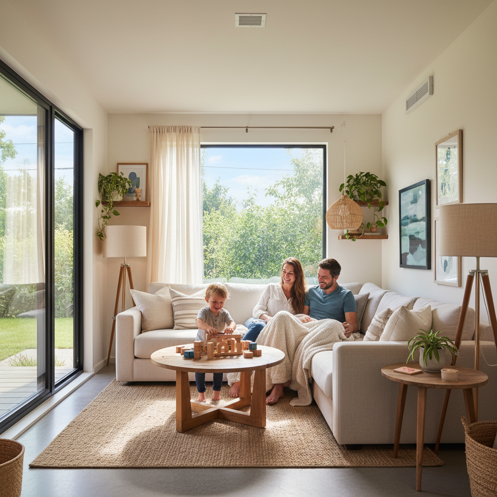 What Is Demand Controlled Ventilation and When Does It Apply to an ADU? — A cozy, compact ADU living space with a family enjoying their time. The air looks visi