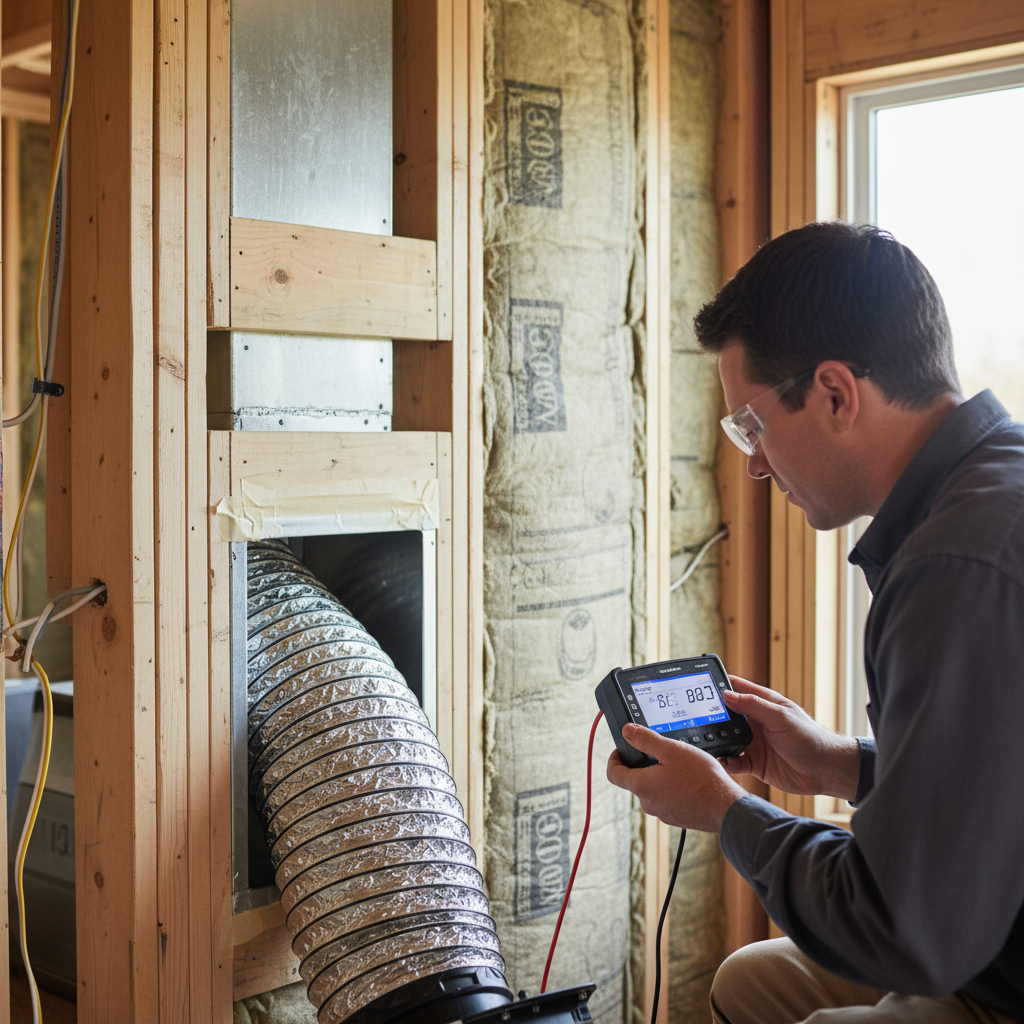 HERS Testing for ADUs: What to Expect During Construction — A close-up shot inside a partially constructed ADU, showing a HERS Rater performing a duct leakage t