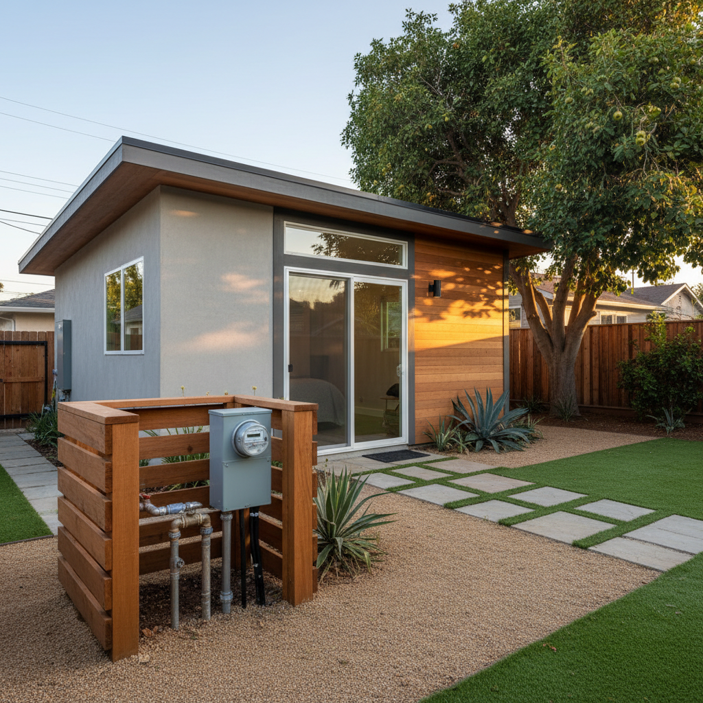 What Is a Title Report and Why It Matters for Your ADU — A modern, well-designed ADU in a California backyard, with visible utility hookups (power meter, water