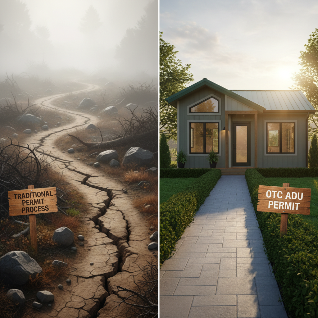 What Is an Over-the-Counter ADU Permit in California? — A visual metaphor comparing two paths. On one side, a winding, obstructed, and long road labeled 'Tradit