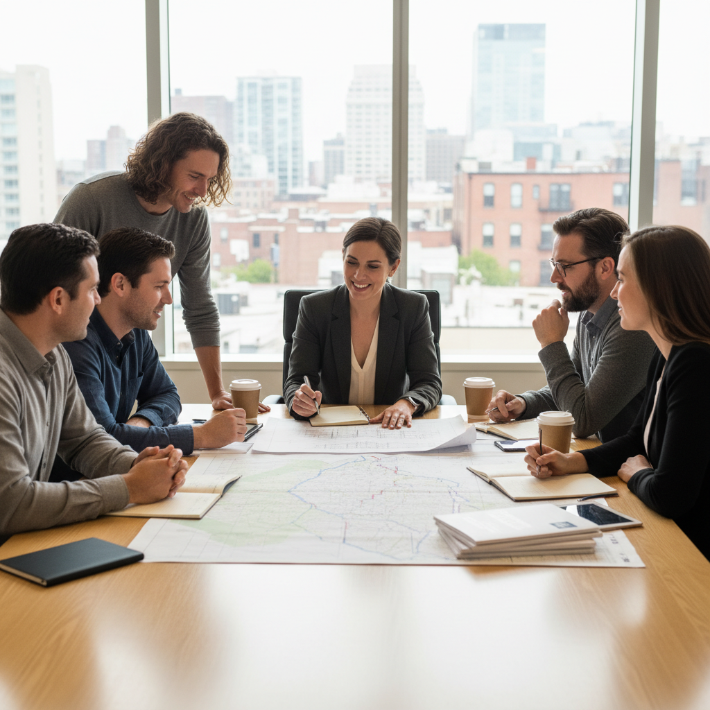 Building an ADU in a Historic District: Design Review — A diverse group of city planning officials and homeowners discussing architectural plans at a table in a