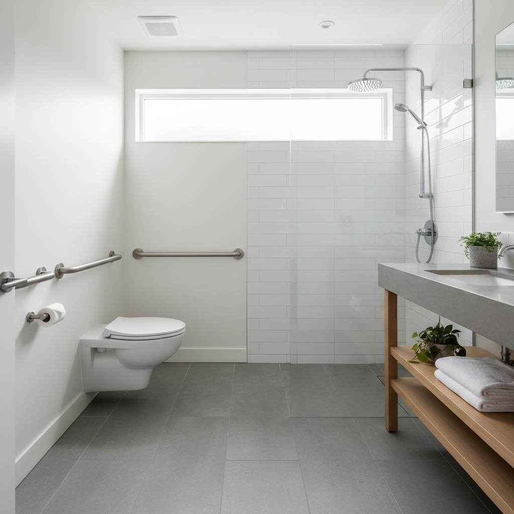 Wet Room Bathrooms in Small ADUs: A Comprehensive Guide — A bright and airy wet room bathroom in an ADU, featuring an accessible design. There are no curbs or s