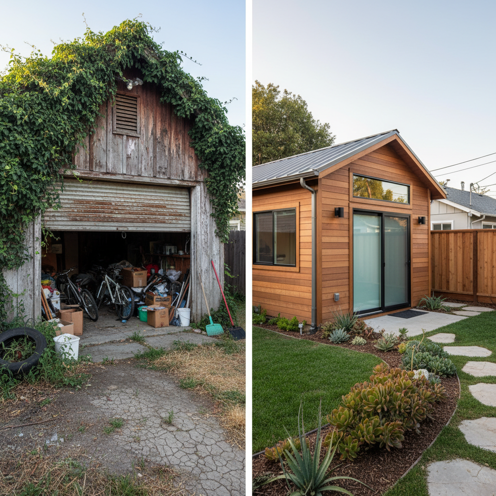 ADU Setbacks: Unlocking Your California Backyard's Potential — A side-by-side comparison image: on the left, an old, cluttered detached garage in a California b