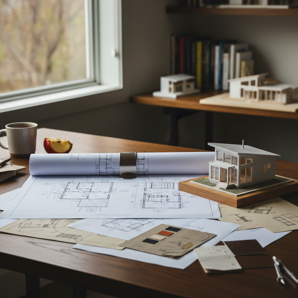 What Is a Scope of Work for an ADU Project & Why It Matters — An architect's desk with various ADU design elements: a rolled-up blueprint, a 3D physical model o