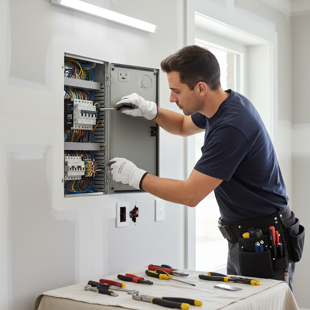 ADU Electrical Load Calculation: Why It's Crucial Before Permit — A licensed electrician meticulously working on an electrical sub-panel inside an ADU, with saf