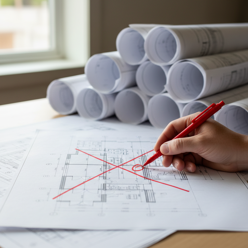 ADU Permit Delays in California: Causes & Avoidance Strategies — A stack of complex architectural and engineering blueprints for an ADU, with a red 'X' mark on