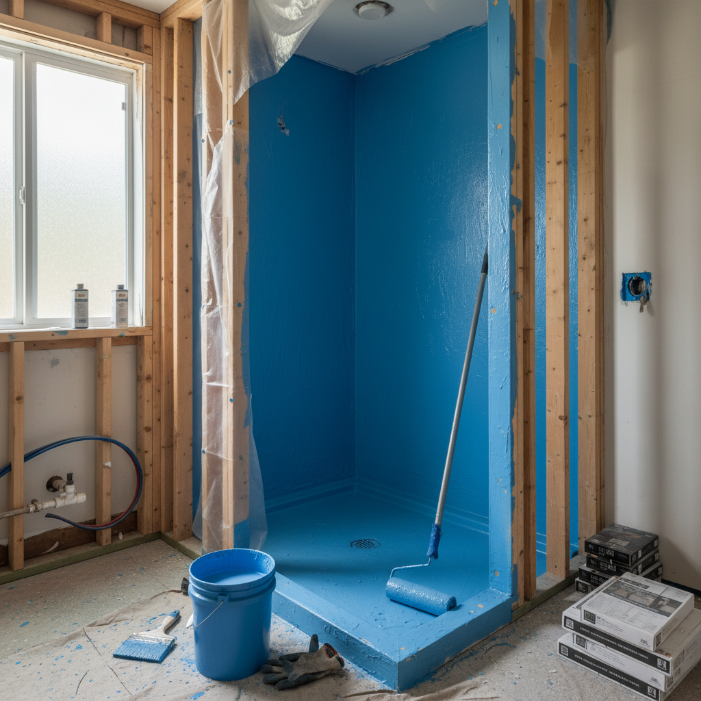 ADU Waterproofing: Protecting Your Backyard Home from Water Damage — An interior shot of an ADU bathroom under construction. The shower area is prominently feat