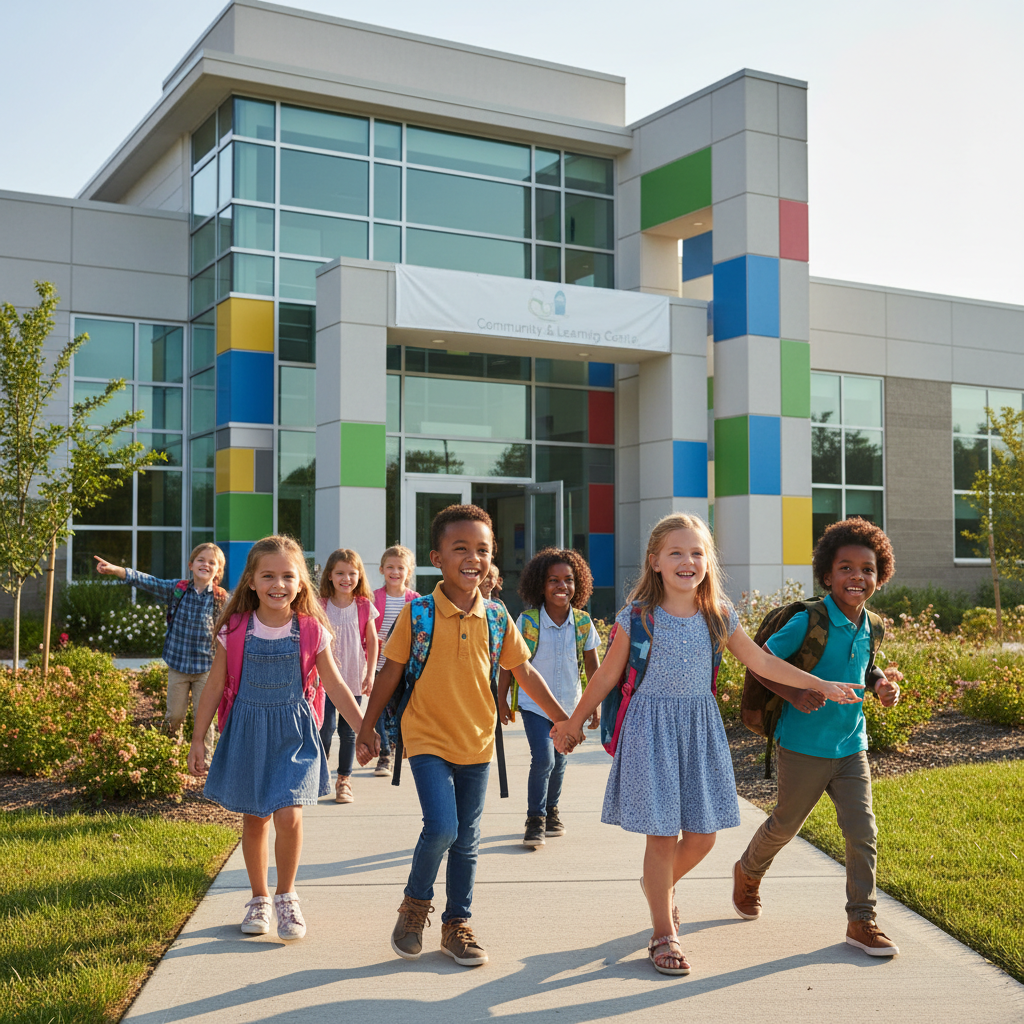 Understanding ADU School Fees in California: When Are They Required? — A diverse group of cheerful children, aged 5-10, happily walking into a modern, well-main