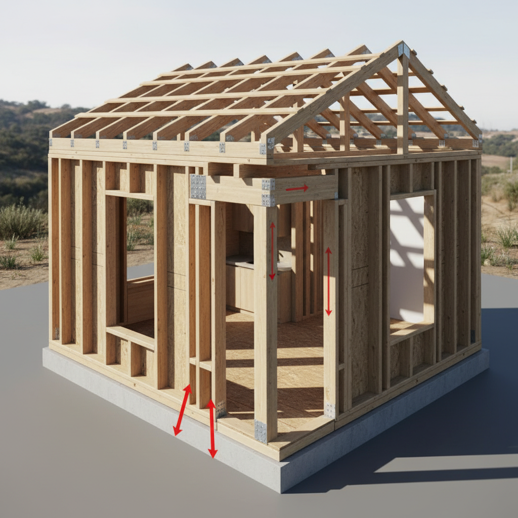 California ADU Seismic Requirements: What Gets Engineered & Why — A photorealistic architectural rendering of an ADU with cutaway views revealing the internal s