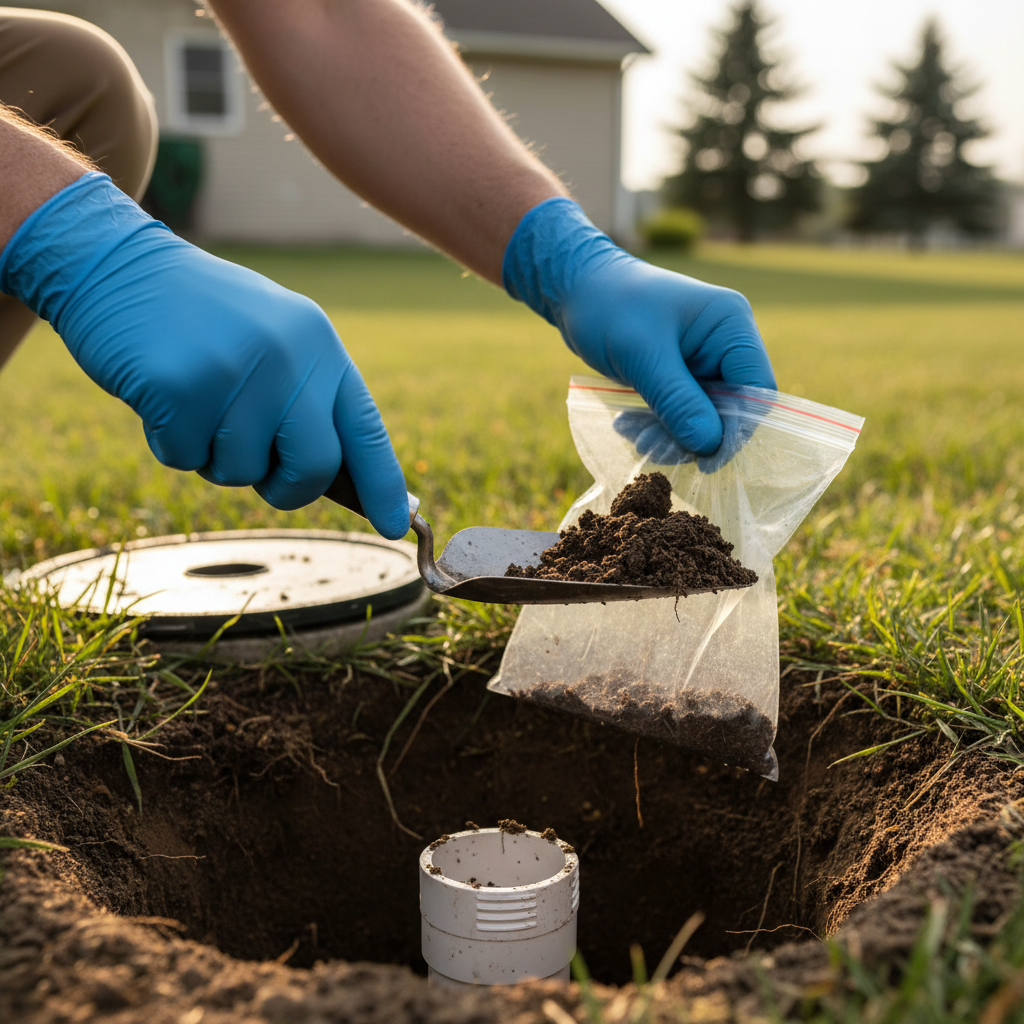 ADU Health Department Review: What It Is & When It's Needed — A close-up shot of a health inspector's hands, wearing gloves, carefully collecting a soil sample