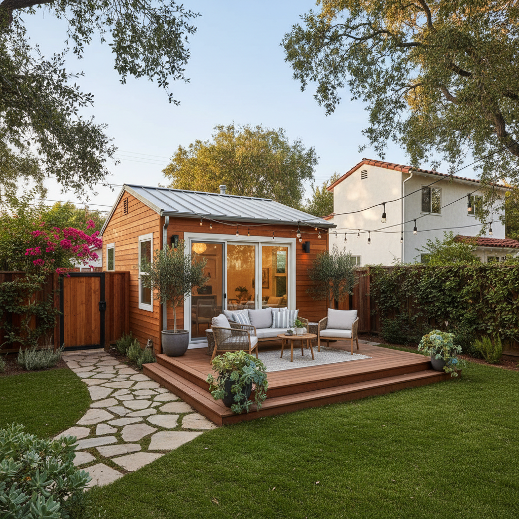 Duplex vs. ADU: Understanding Multi-Unit Housing in CA — A cozy, well-designed detached Accessory Dwelling Unit (ADU) in a beautifully landscaped backyard of a