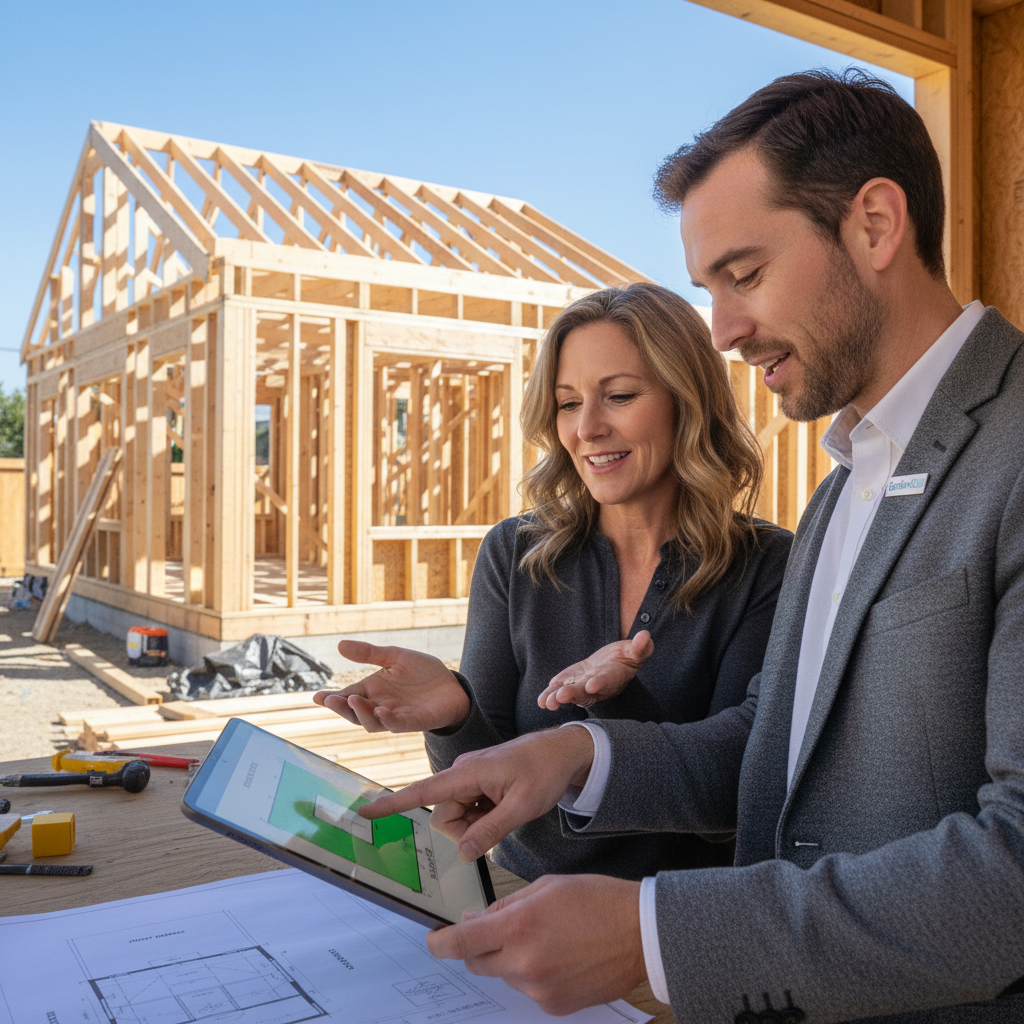 SB 478 & Front Setback Rules: A Game Changer for CA Housing — A homeowner and an architect (representing GatherADU) are reviewing blueprints for an ADU project