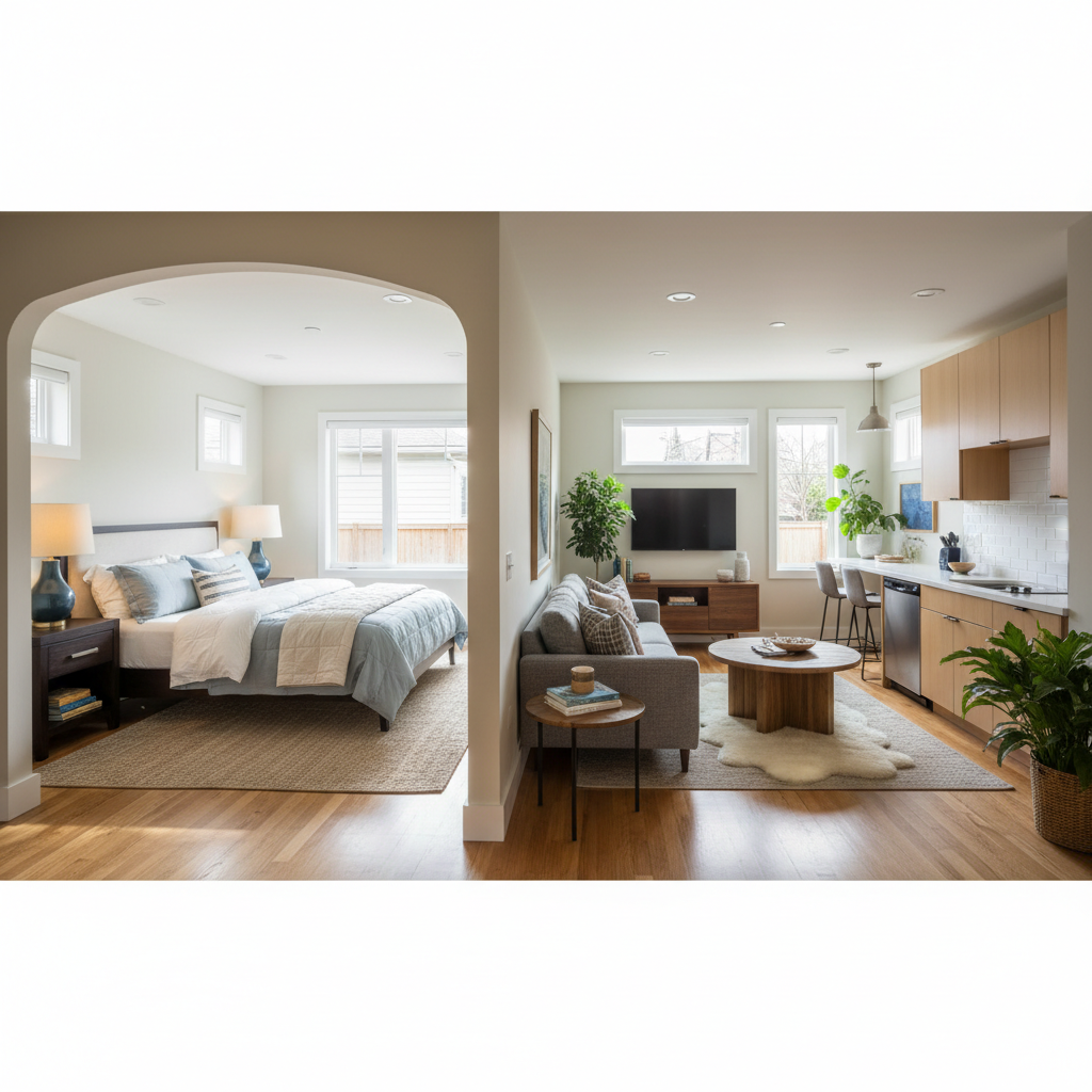 Studio vs. 1-Bedroom ADU: Choosing Your Ideal Layout — A cozy and private one-bedroom ADU interior, showing a separate, inviting bedroom with a comfortable bed