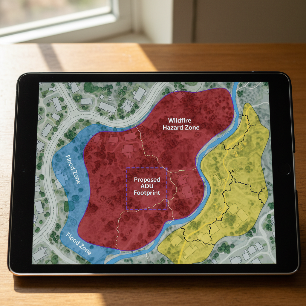 Natural Hazard Disclosure Zones & Your ADU Permit — An aerial or overhead view of a property map with an overlay of different colored zones, representing variou