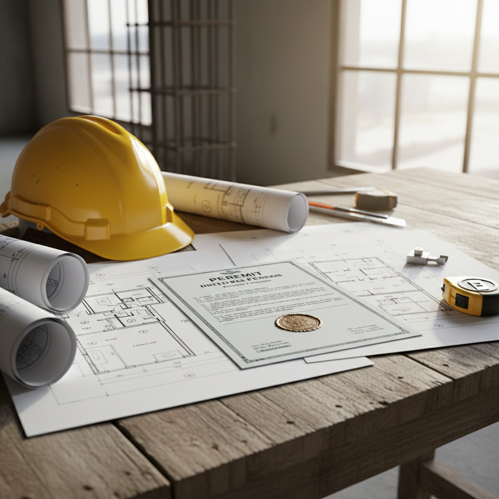Local building permit and plans laid out on a construction table, with a hard hat and blueprint