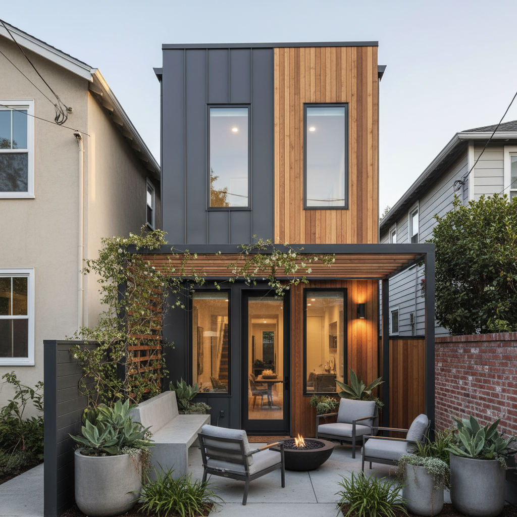 Building an ADU on a Narrow Lot: What Your Options Actually Are — A photorealistic, exterior shot of a modern, two-story ADU on a narrow urban lot. The design e