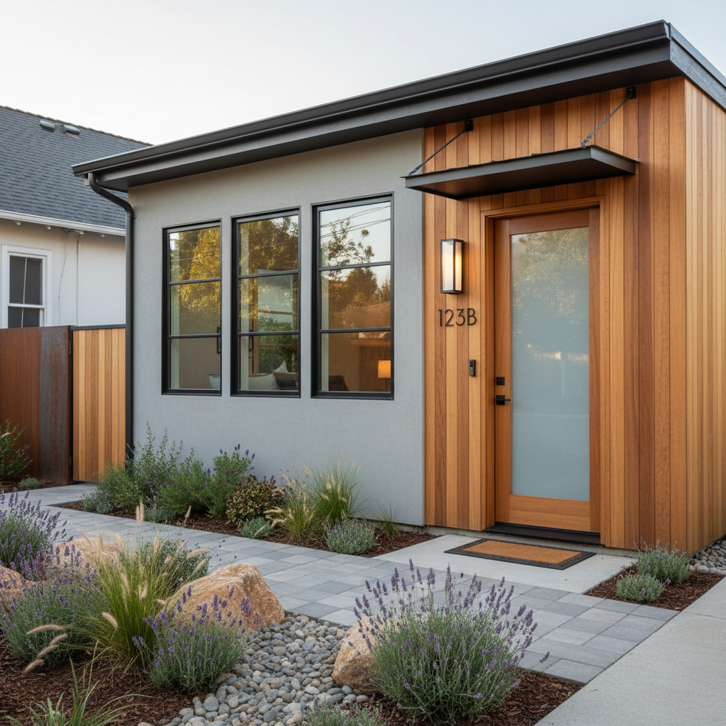 Interior Conversion ADU vs. Garage Conversion ADU — A photorealistic exterior view of a charming, modern Garage Conversion ADU that was once a detached two-car
