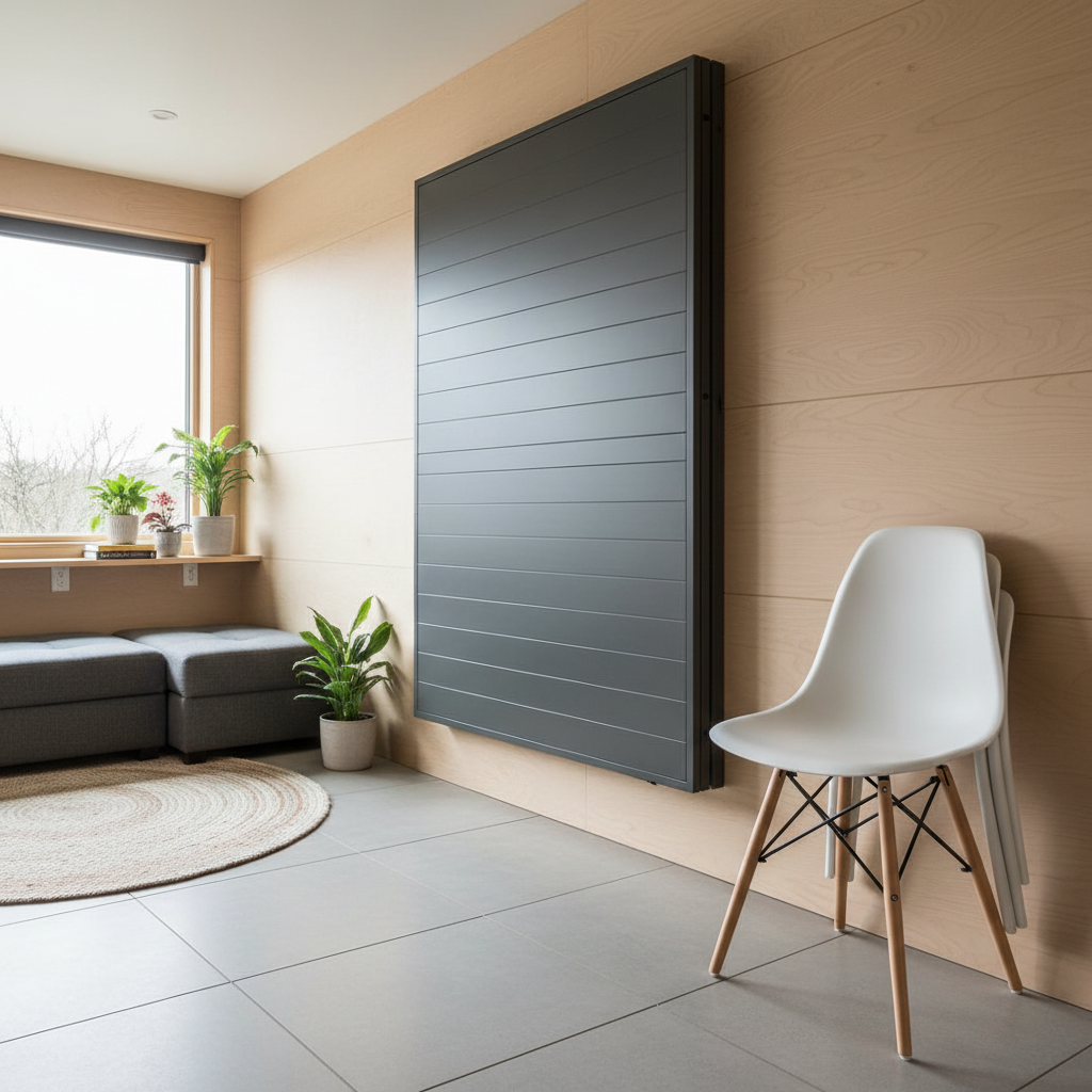 What Is a Fold-Down Table for Your Small ADU Dining Area? — An interior shot of a small, contemporary ADU living space, showcasing a fold-down table in its 'clo