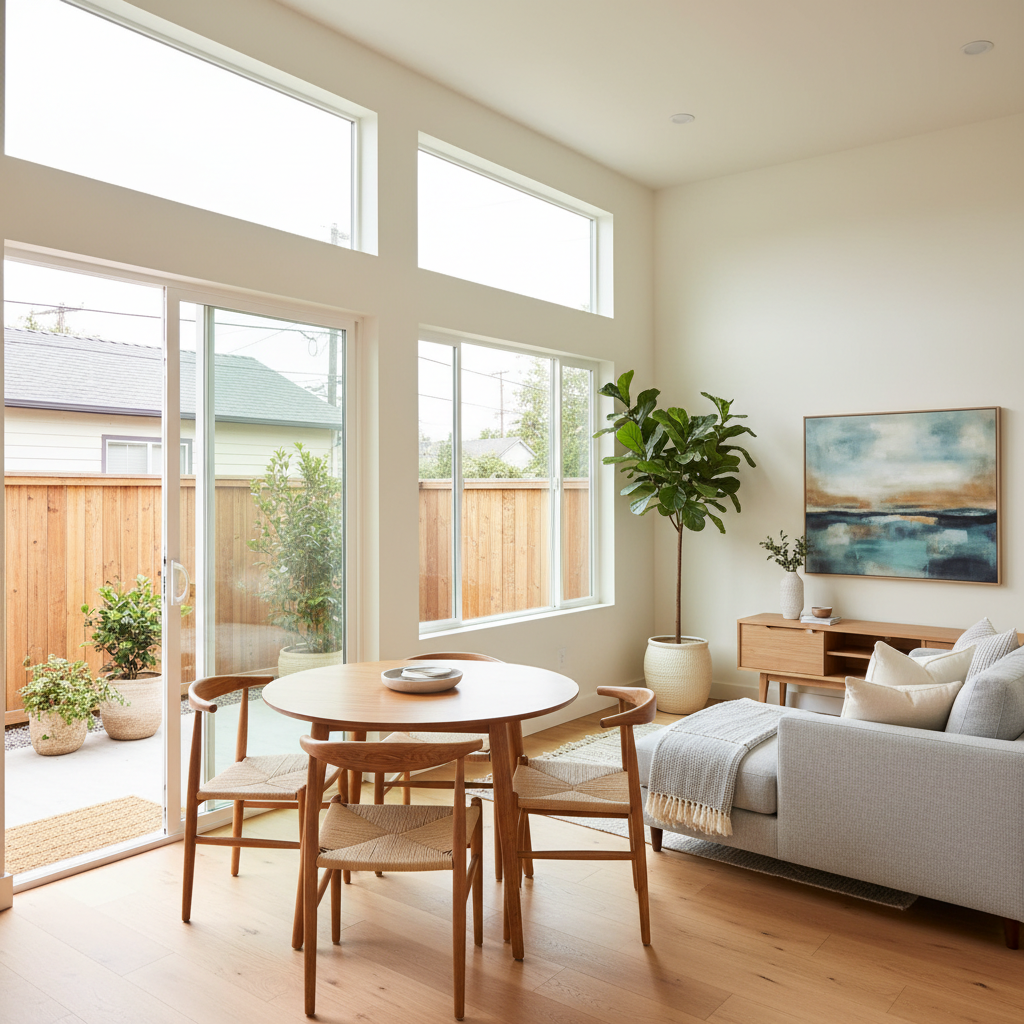 Photorealistic interior photo of a bright and modern ADU living space with large windows, wood floors, and a small dining area. A sliding glass door opens to a
