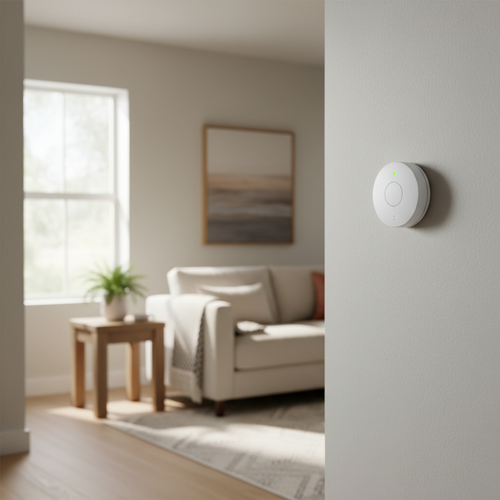 What Is a Combustion Safety Test and When Is It Required for ADU Mechanical Systems — Photorealistic image showing a CO detector mounted on a wall in a contempo