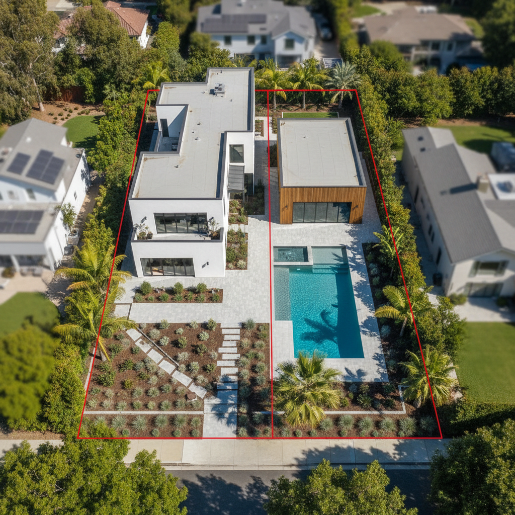 ADU on a Lot With a Pool: Design Considerations — An aerial view of a meticulously planned backyard in California, showcasing a main house, a modern ADU, and a