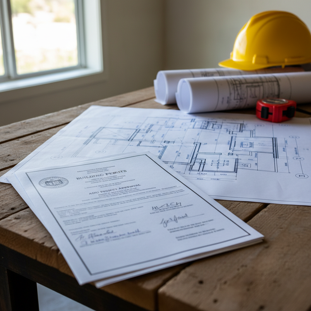 ADU Plumbing Explained: Water & Sewer Connections — A close-up of a local building permit and plans laid out on a construction table, with a hard hat and bluepr