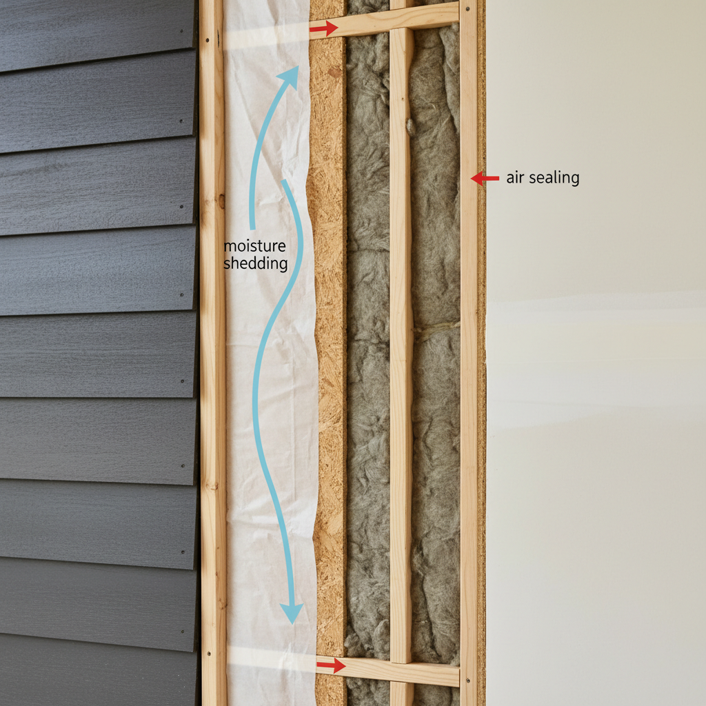 Building Wrap in ADU Construction: Why It's Essential — A cutaway, photorealistic diagram illustrating a cross-section of an ADU wall, clearly showing the layer