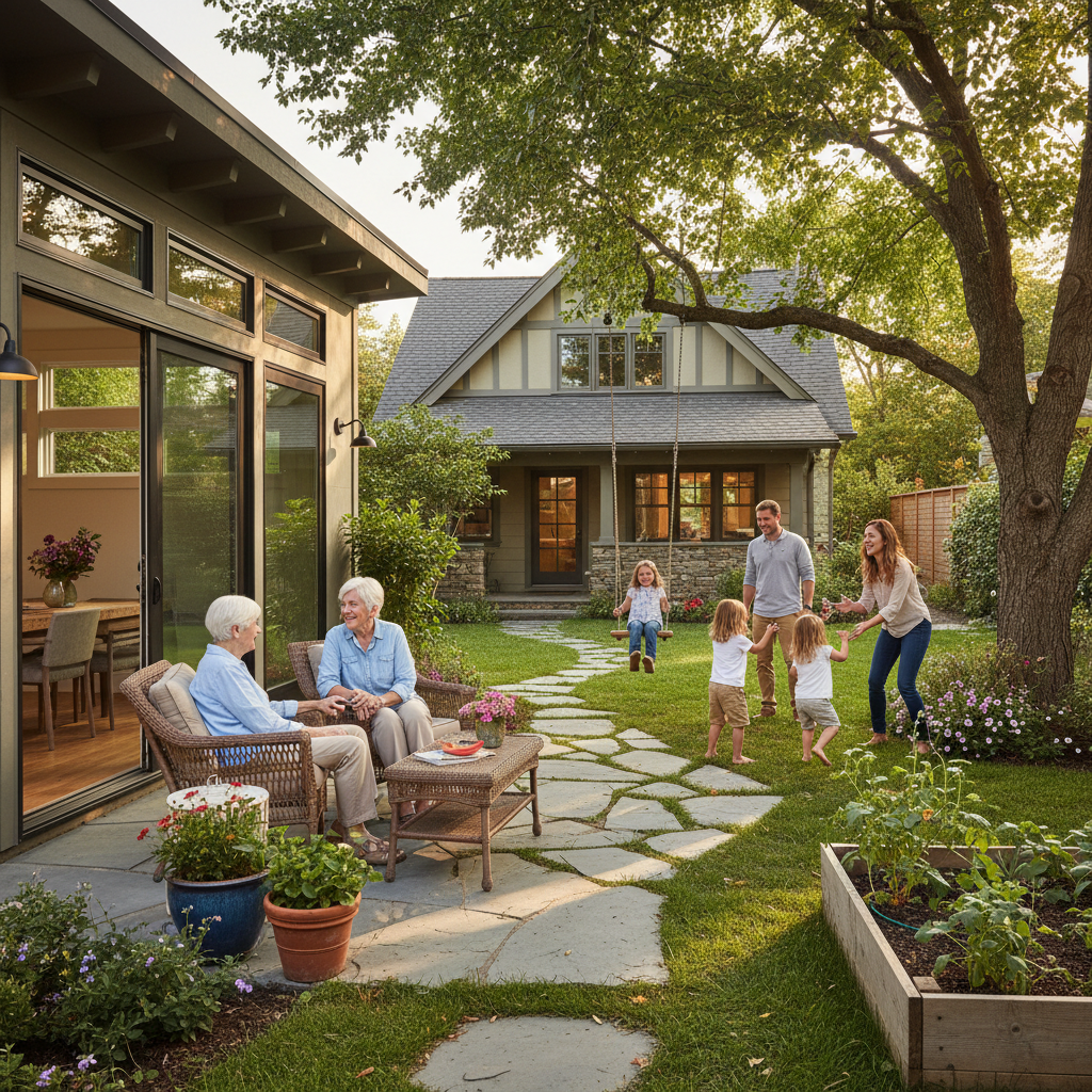 The Rise of ADU for Multigenerational Living in California — A family enjoying a shared outdoor space between a main house and a detached ADU. An elderly couple