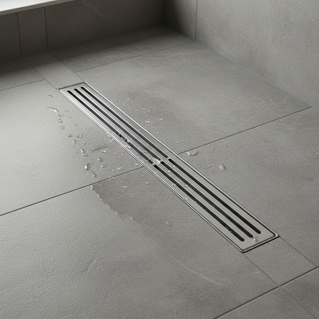 Wet Room Bathrooms in Small ADUs: A Comprehensive Guide — A close-up, detailed view of a linear drain integrated into the tiled floor of a wet room, demonstrati