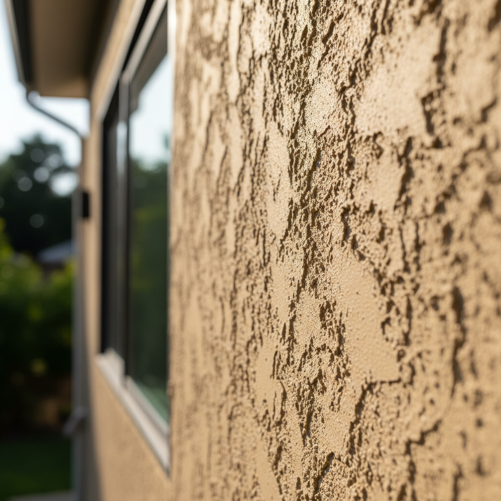 Stucco for Your California ADU: Pros, Cons & Expert Guide — A close-up, high-detail shot of a newly applied, textured stucco wall on an ADU, showing the intrica