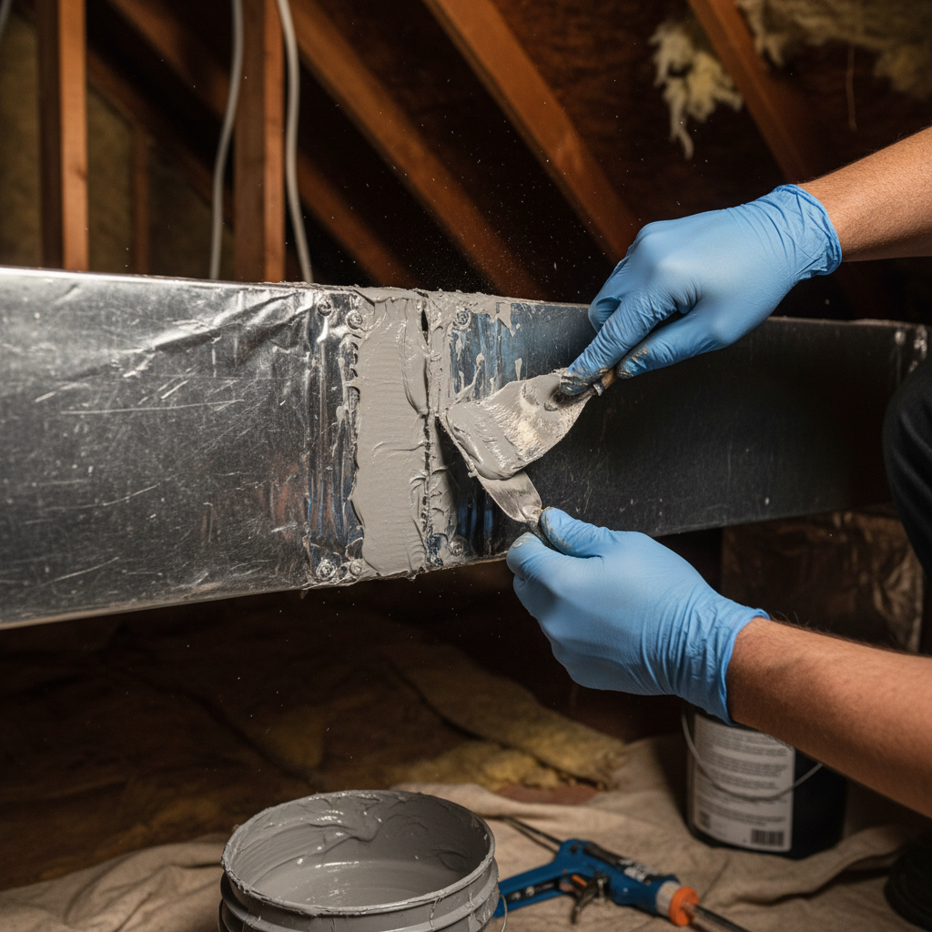 What Is a Duct Test and When Does an ADU HVAC System Require One? — A detailed shot of a technician applying mastic sealant to a joint in HVAC ductwork located