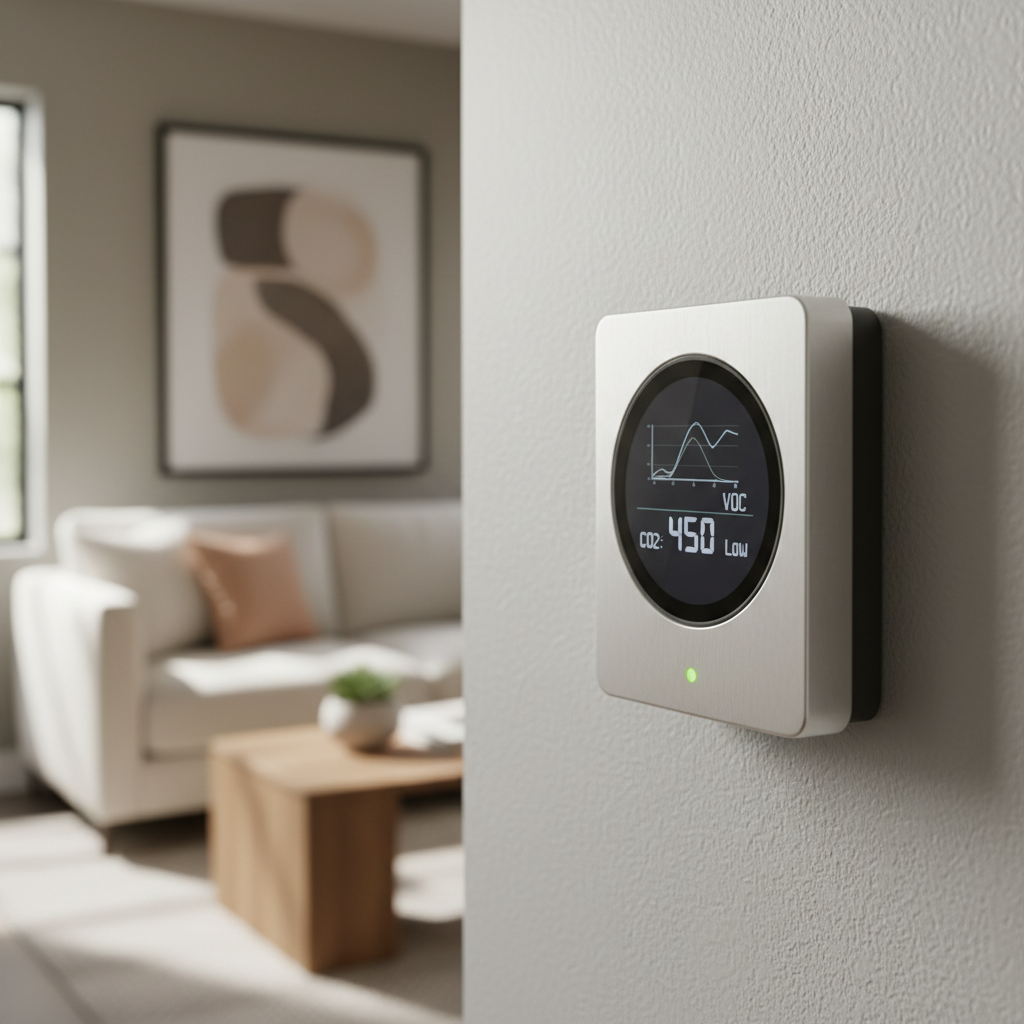 What Is Demand Controlled Ventilation and When Does It Apply to an ADU? — A close-up shot of a modern, digital CO2/VOC sensor mounted on an interior wall of an