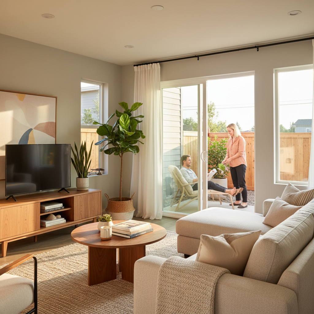 How ADU Projects Get Closed Out: From Final Inspection to Move-In — Photorealistic, a warm and inviting interior view of a fully furnished, modern ADU living ro