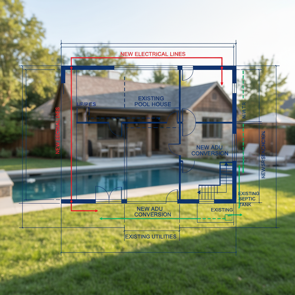 Pool House to ADU: Your Ultimate Conversion Guide — A detailed architectural blueprint or schematic overlay highlighting new and existing utility connections (w