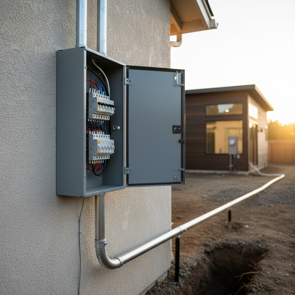 ADU Utilities: Shared or Separate for Your California Backyard Home? — A close-up, detailed shot of a main electrical panel on a house, with a conduit visibly e