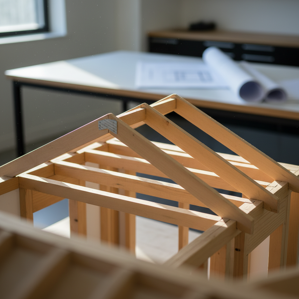 Ridge Board vs. Ridge Beam: Essential ADU Roof Framing Guide — A close-up, photorealistic cutaway view of a conventionally framed ADU roof, clearly showing raft
