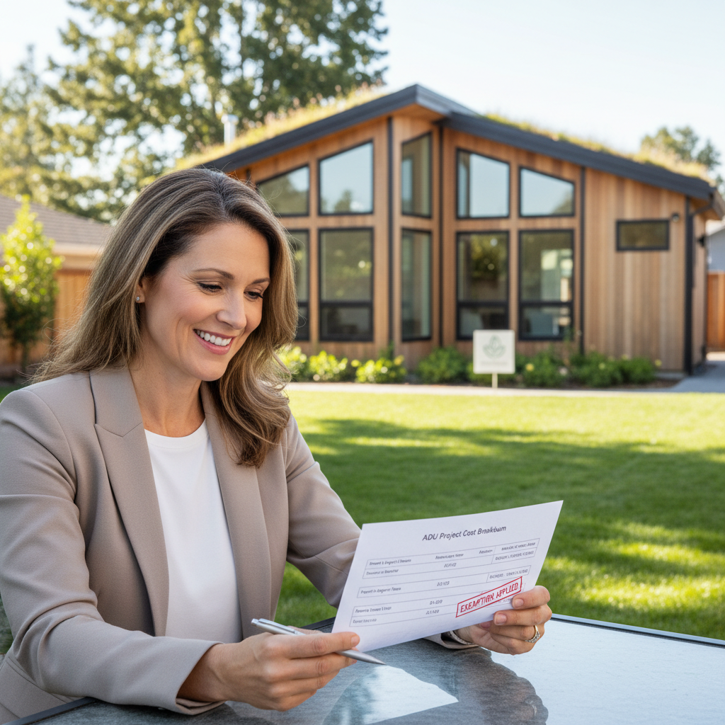 Navigating California ADU Permits: New Rules for Homeowners — A homeowner smiling while reviewing a financial document or cost breakdown for an ADU project, wit