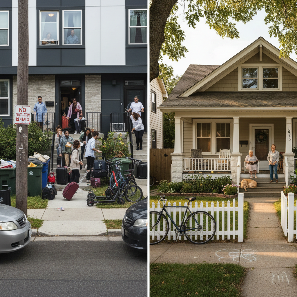ADU Short-Term Rental Restrictions in California: A Guide — A split image or infographic illustrating the contrast between a bustling, lively short-term rental