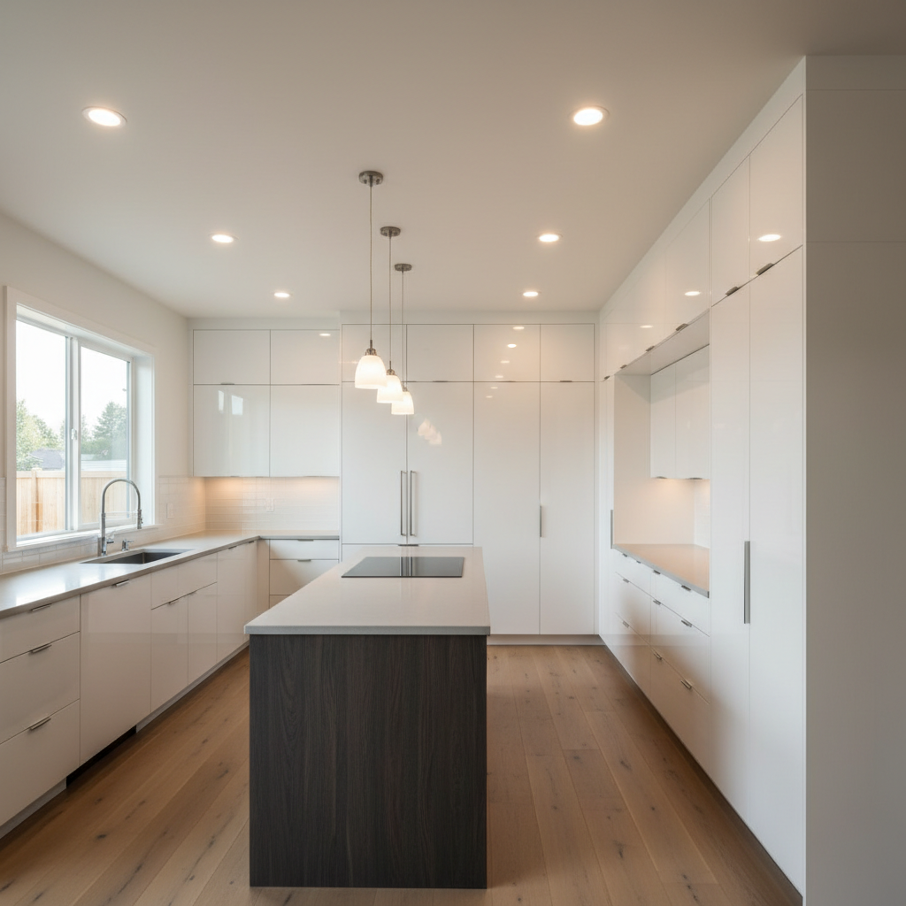 ADU Ceiling Height Requirements in California: What the Code Actually Requires — An interior shot of a stylish ADU kitchen with a 7-foot 6-inch ceiling, showcas