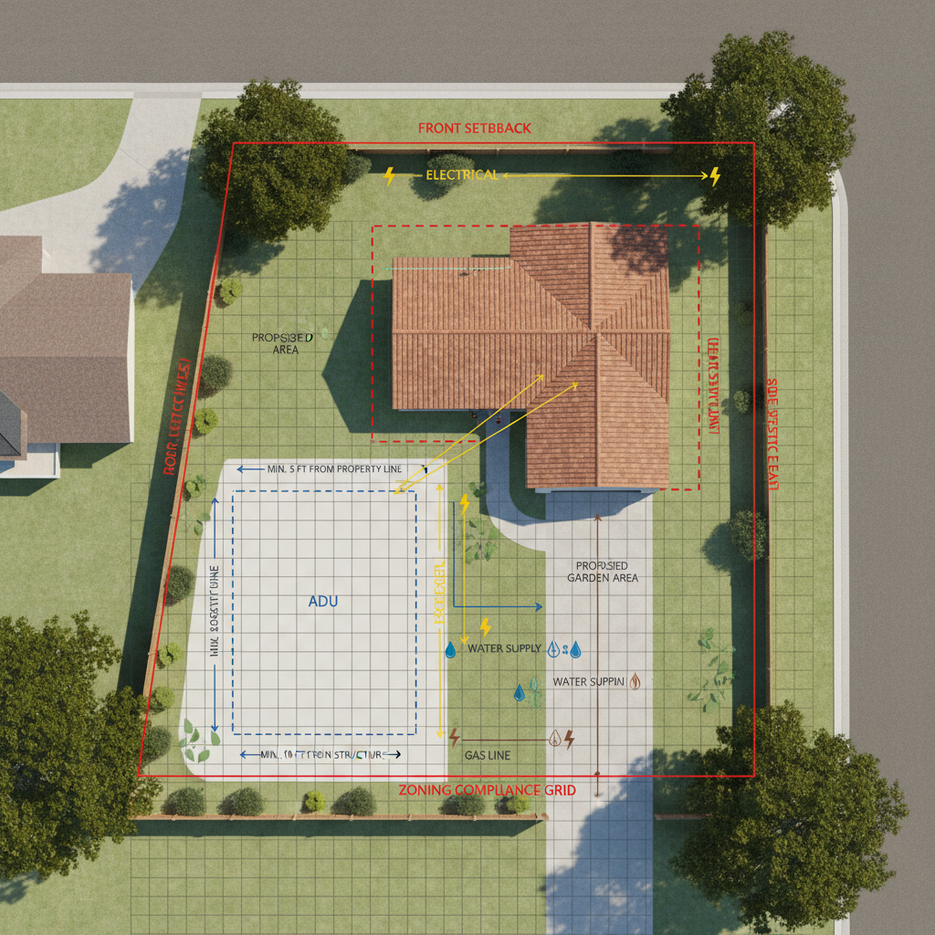 What is a Conceptual ADU Design and When Do You Need One? — A detailed aerial view (diagrammatic, not photographic) of a property lot in California, showing a m