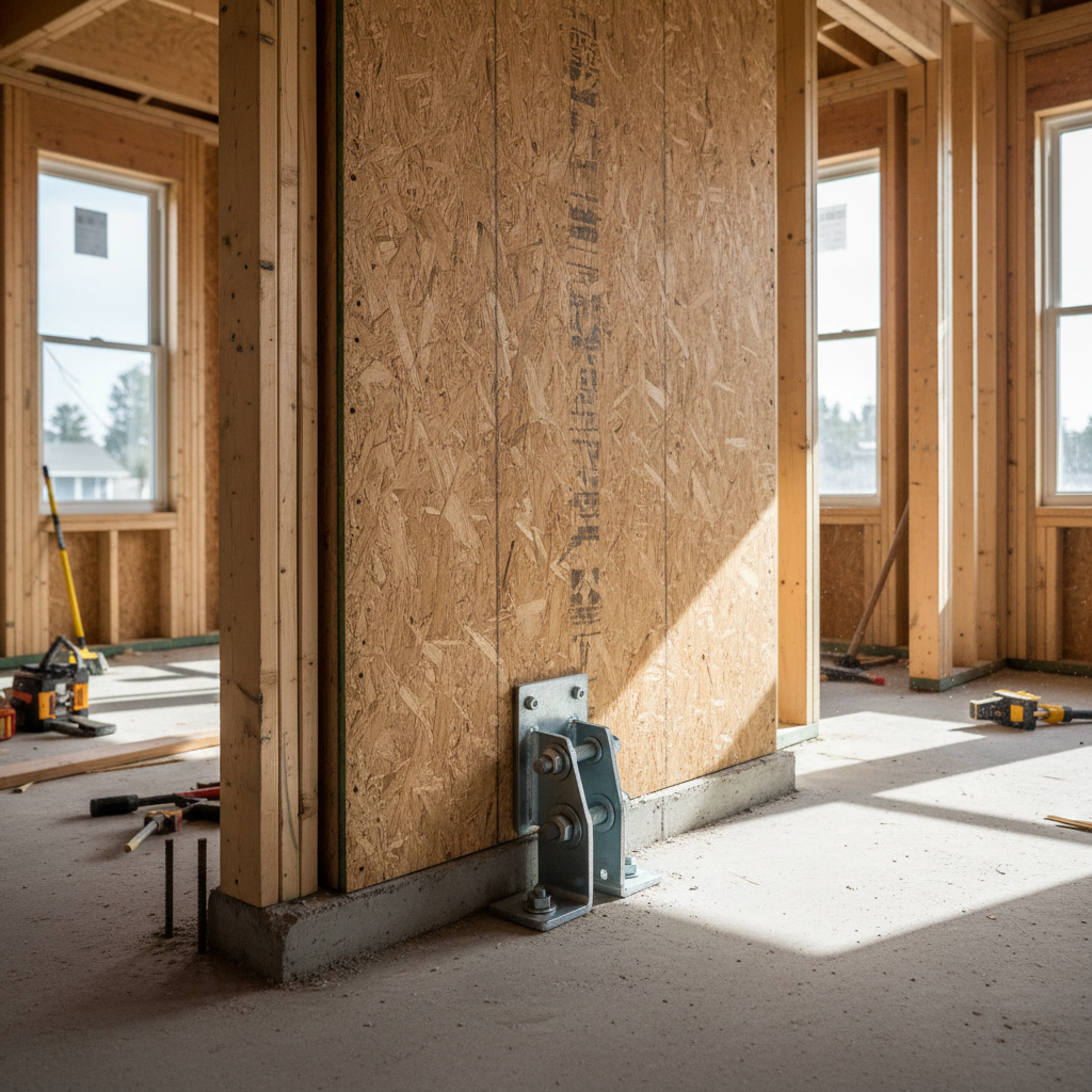 What Is a Hold-Down in ADU Structural Engineering and Why It Matters — An interior view of an ADU under construction, with a focus on a shear wall covered in st