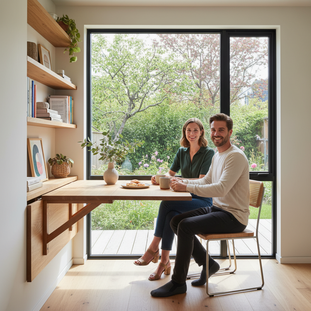 What Is a Fold-Down Table for Your Small ADU Dining Area? — A bright ADU dining area with a fold-down table fully extended, comfortably seating two people with